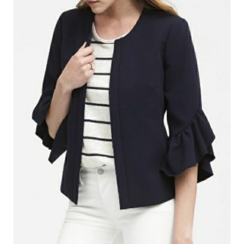 Banana Republic Blazer Women 4 Navy Blue Ruffle Bell Sleeve Jacket Preppy Career
